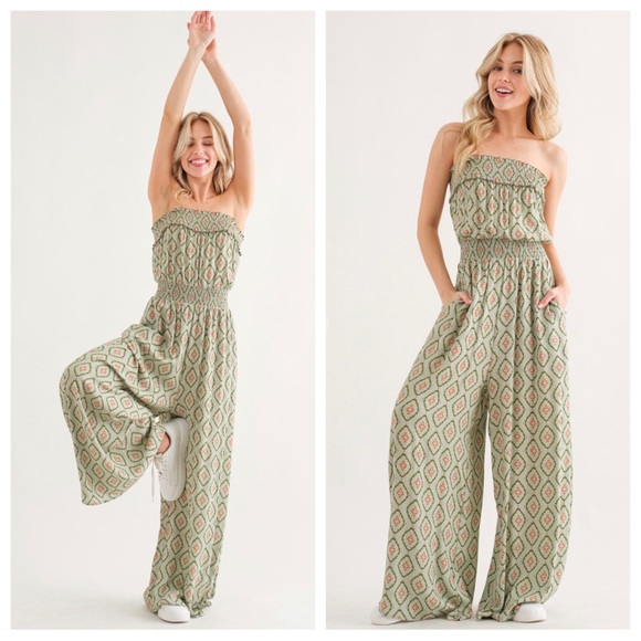 05 Boho Print Wide Pants Tube Jumpsuit - Picture 3 of 4